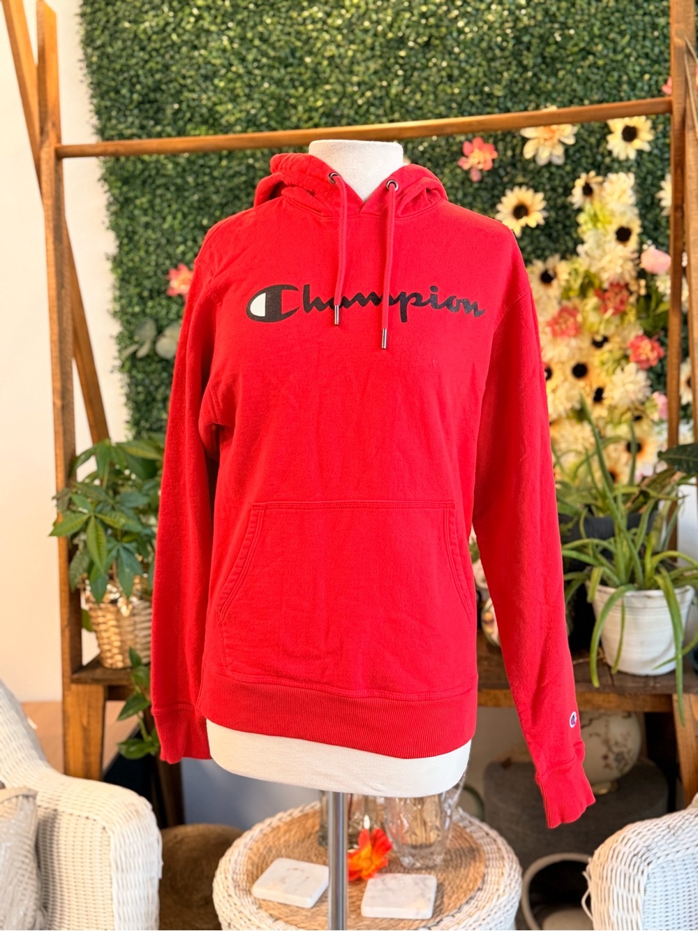 Champion Red Pullover Hoodie with Black Logo